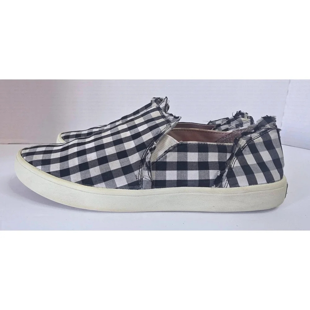 Kate Spade New York Lily Gingham Slip On Sneaker Black White Fray Canvas SZ 7